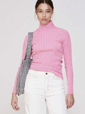 Permanent Vacation Pink and White Gingham Checked Long Sleeved Mockneck Shirt